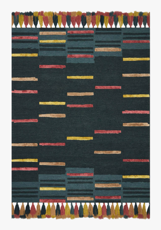 Jade Sunset Wool Rug by Justina Blakeney x Loloi - Holt x Palm -  Artisanal striped wool rug with heavy bohemian and eclectic vibes. Shown here is the mult- striped design with a palette of rusty teal, greens, and sunset hues. The tassels are everything!!! Rug can double as a wall tapestry, layered on top of a jute rug, or laid just on its' own.... Hooked 62% Wool | 38% Rayon Pile Made in India 7'-9" X 9'-9"