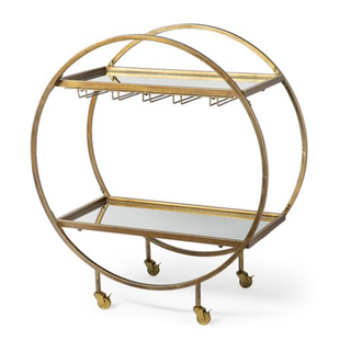 Carola Gold Frame Two-Tier Glass Shelves w/Stemware Holder Bar Cart - Holt x Palm -  Take entertaining to the next round with the Carola Gold Frame Bar Cart! This two-tier marvel shows off its stemware holder like a pro, and is ready to serve up all your favorite drinks with style. A must-have for anyone who loves to mix (and mingle!) with the best of them.