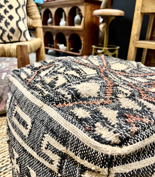 The Pouf - Holt x Palm -  So, we love these poufs! They can act as extra seating...a casual coffee table...a pop of color or pattern. They are super versatile! Hand Woven Cotton | Jute | Wool | Polyester | Other Made in India Closure: Hidden ZipperZipper: Antique Bronze Finish With Loloi LogoEdge Treatment: Knife EdgeBack Color: Grey