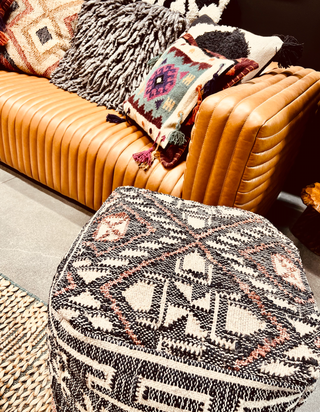 The Pouf - Holt x Palm -  So, we love these poufs! They can act as extra seating...a casual coffee table...a pop of color or pattern. They are super versatile! Hand Woven Cotton | Jute | Wool | Polyester | Other Made in India Closure: Hidden ZipperZipper: Antique Bronze Finish With Loloi LogoEdge Treatment: Knife EdgeBack Color: Grey