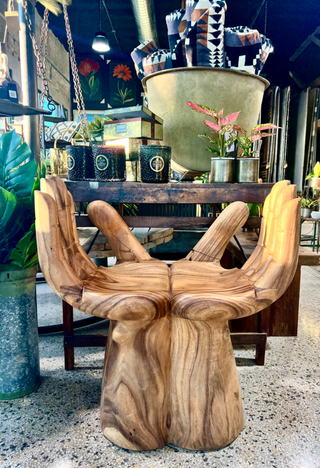 Le Main Teak Wood Hand Statement Chair - Holt x Palm -  Feel like royalty as you take a seat in our Le Main Teak Wood Hand Statement Chair. It's a boho dream come true – stylish, cool, and taking you right back to a time of kings, queens and castles. No more looking for a throne – the perfect one is right here waiting for you! Weight (lbs): 118Material: TeakFinish: Clear Coat Flat Seating DetailSeat Height (in): 18