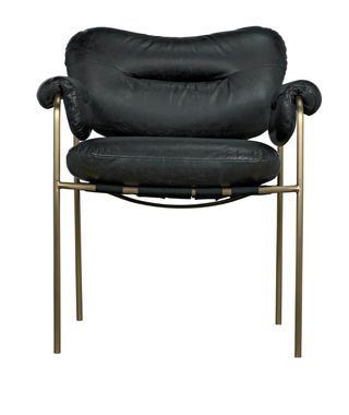 So Hollywood....Black Leather Dining Chair with Antique Brass frame - Holt x Palm -  This So Hollywood chair is truly so chic! Let the luxurious black leather and mid-century regency style bring a sense of sophistication to your space. The antique brass frame adds a touch of glamour - talk about a showstopper! We could not be more in love with this piece.... Dimensions (in): 27W x 24D x 32H Weight (lbs): 29Material: Metal and LeatherFinish: Antique Brass and Black LeatherFabric: Black Leather