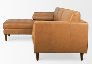 Delicious Leather Chaise Section - Holt x Palm -  This dreamy Sectional Sofa is upholstered from head to toe in top-grain leather. The tufted seats complement the smooth cushioned backs and round bolster pillows. Leather is buttery soft and soooooo comfortable. Available in Left or Right Chaise - pre-order Product Size (Inches) 75.2L x 37.8W x 33.9H Weight 121.70 lbs