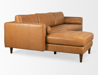 Delicious Leather Chaise Section - Holt x Palm -  This dreamy Sectional Sofa is upholstered from head to toe in top-grain leather. The tufted seats complement the smooth cushioned backs and round bolster pillows. Leather is buttery soft and soooooo comfortable. Available in Left or Right Chaise - pre-order Product Size (Inches) 75.2L x 37.8W x 33.9H Weight 121.70 lbs