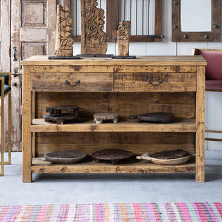 Distressed Timber Frame Kitchen Island or Sideboard - Holt x Palm -  The Timber Frame Island is the perfect blend of function and sustainable style. The Timber Frame Island is rectangular and fits two counter stools on one side. The other side of the counter is designed to provide extra storage and includes two drawers and an open shelf. Made from hand-picked reclaimed factory beams and floor planks, the Timber Frame Island is an eco-friendly and moveable kitchen accent.