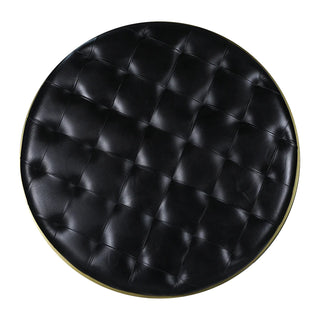 Turin Ottoman Round - Holt x Palm -  40” dia x 17” The combination of black leather and brass has endless appeal. Yet this bold combination can overwhelm if not balanced with lightness. The open base of the Turin Ottoman Round gives this oversized black tufted leather accent an airiness. Framed in an antique-brass finished iron, the 40-inch Turin Ottoman Round can serve as table or seat.