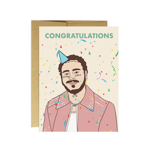 Malone Congrats Card - Holt x Palm -  Nothing says congrats like a Post Malone card! Blank inside. A2 size: 4.25" x 5.5". Printed on matte white card stock. Comes with kraft envelope, cellophane sleeve.