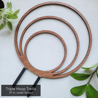 Wood Triple Hoop Indoor Plant Trellis - Holt x Palm -  Hoop trellises (aka endless or circle trellises) are a very popular houseplant trellis style. They are often used by hoya collectors. However, they work well for many vining plants like pothos, ivy, philodendron, and more! These triple hoop trellises are made of finished mahogany wood and are our best-selling hoop design. They are best for plants with 3+ vines. Sizes: Small - 7.5" Hoop Large - 9" Hoop